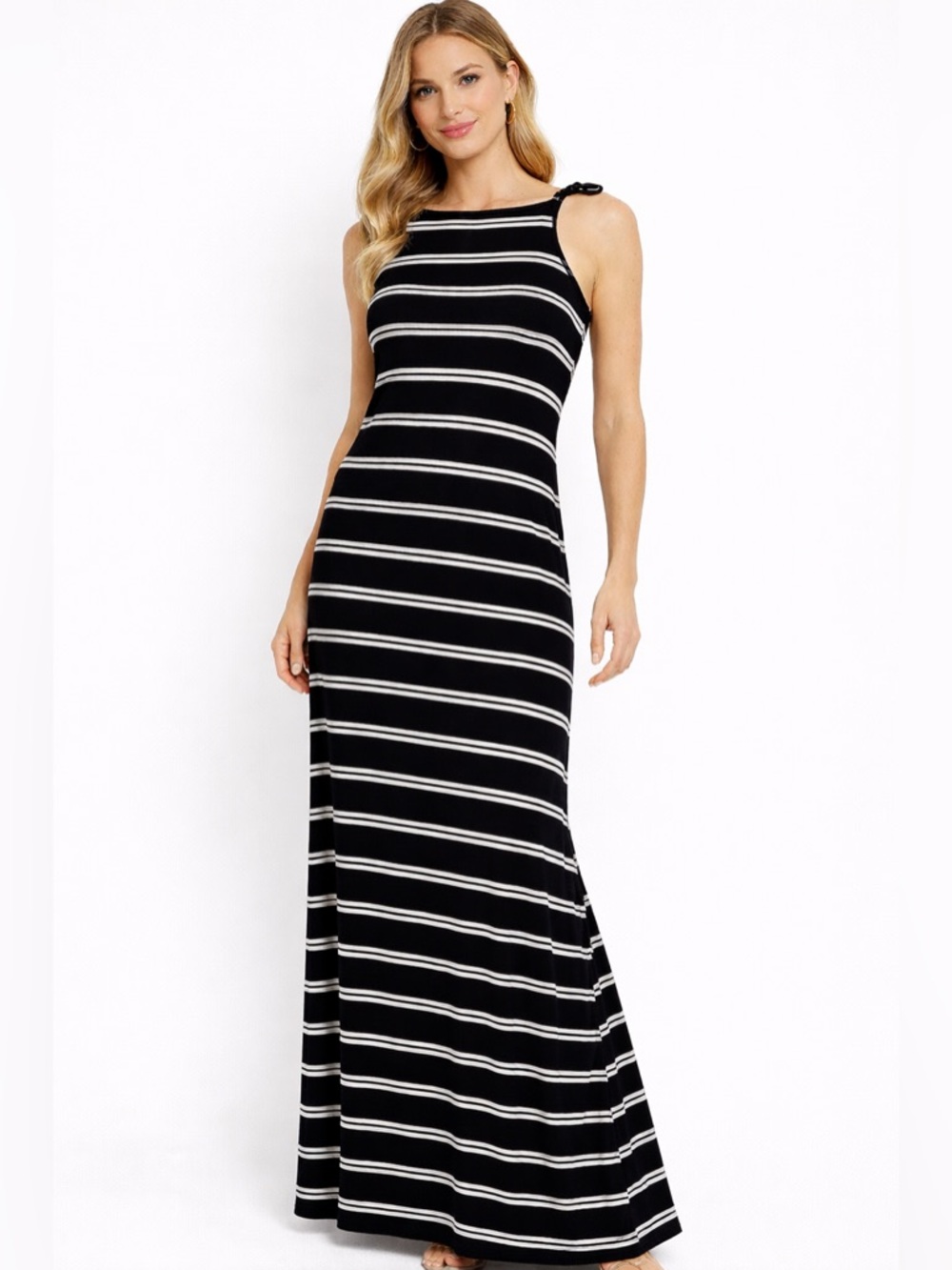 Source Unknown Black and White Striped Backless Maxi Dress